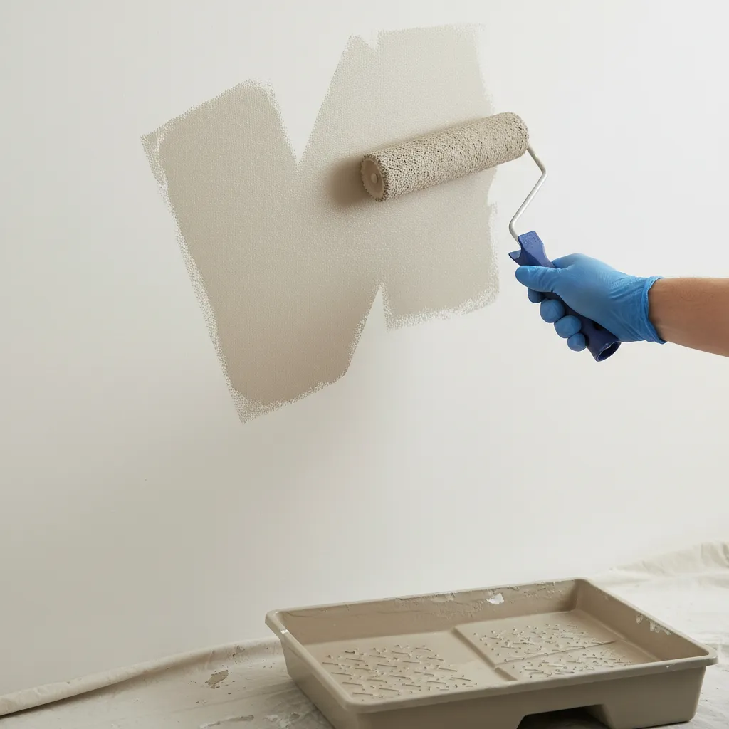Painter applying wall paint using correct roller technique