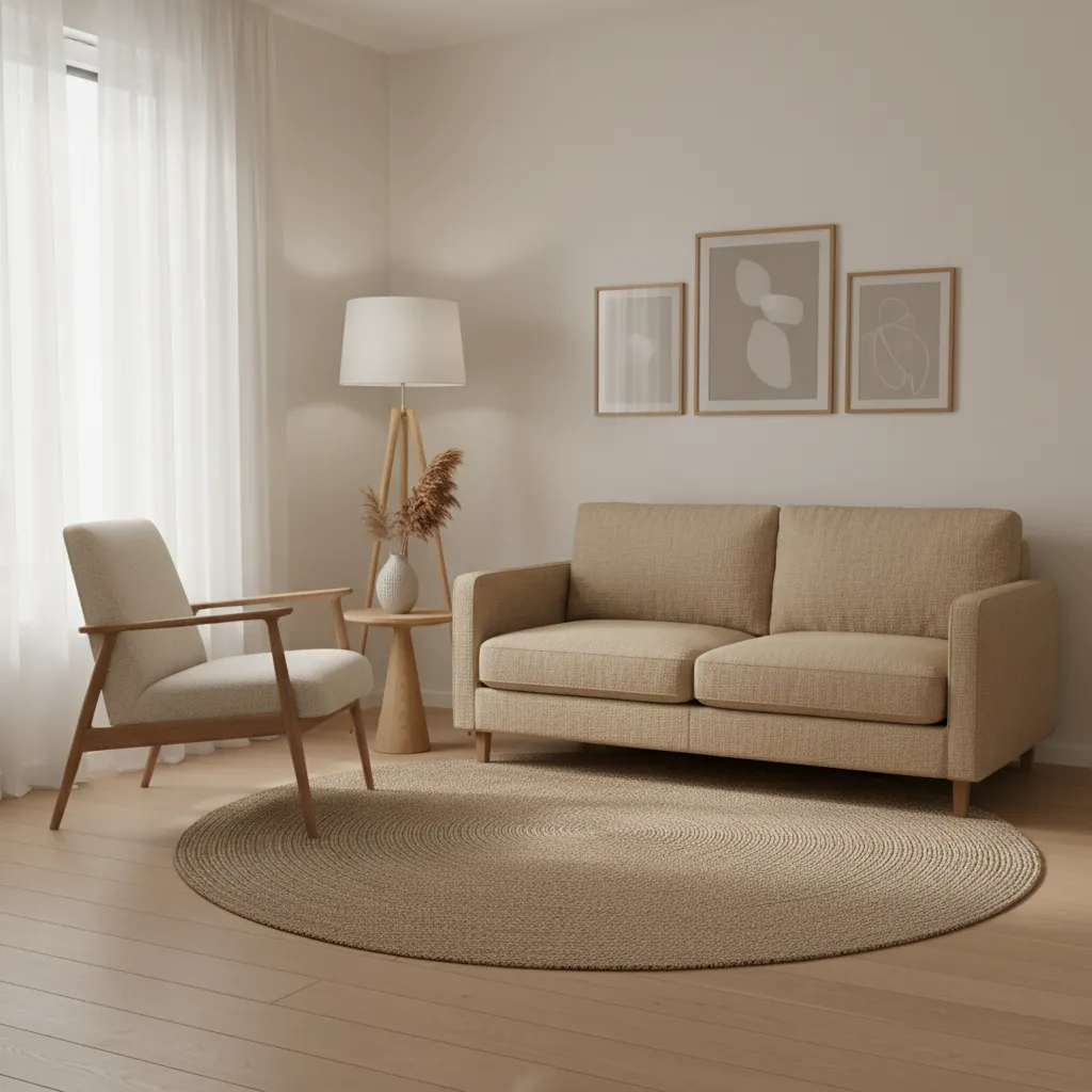 Beige sofa and wooden armchair on round rug with floor lamp side table and art