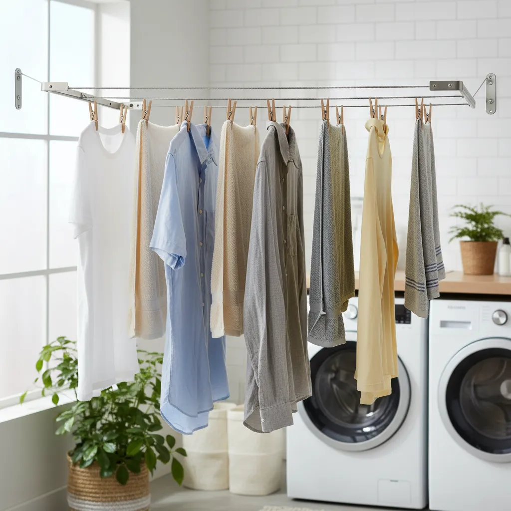 Clothes hanging with proper spacing on indoor clothesline for faster drying