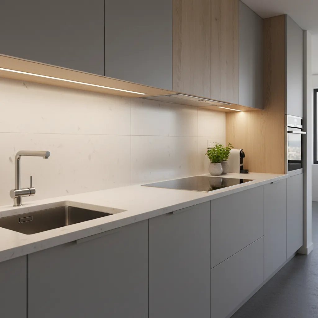 correct placement of LED under cabinet light slightly behind cabinet edge