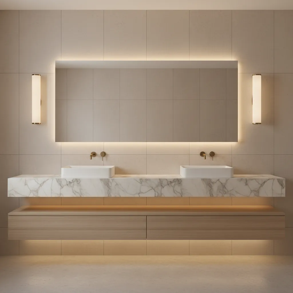 bathroom mirror with two vertical wall sconces providing even face lighting