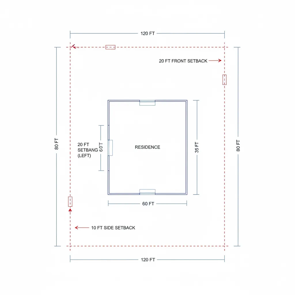 Property boundary diagram with setback distances and lot measurements