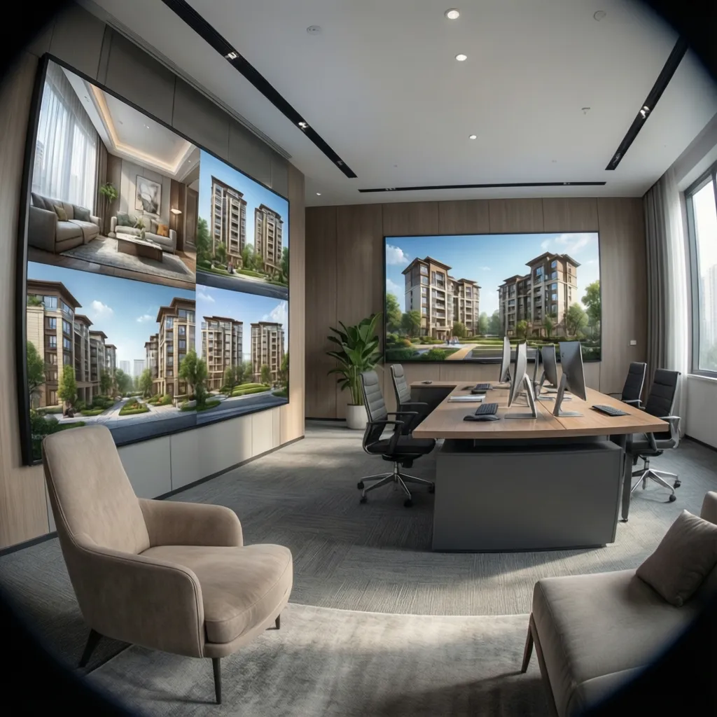 Property developer marketing office displaying interior renderings and walkthrough visuals