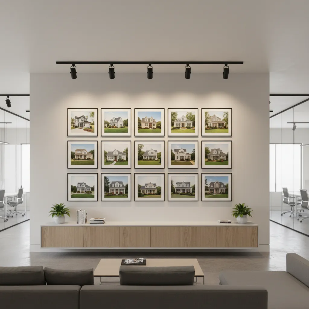 real estate office wall displaying framed property listings