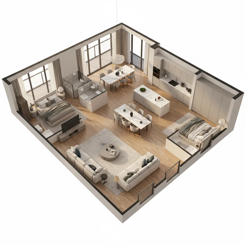 Real estate marketing perspective floor plan with realistic furniture and lighting