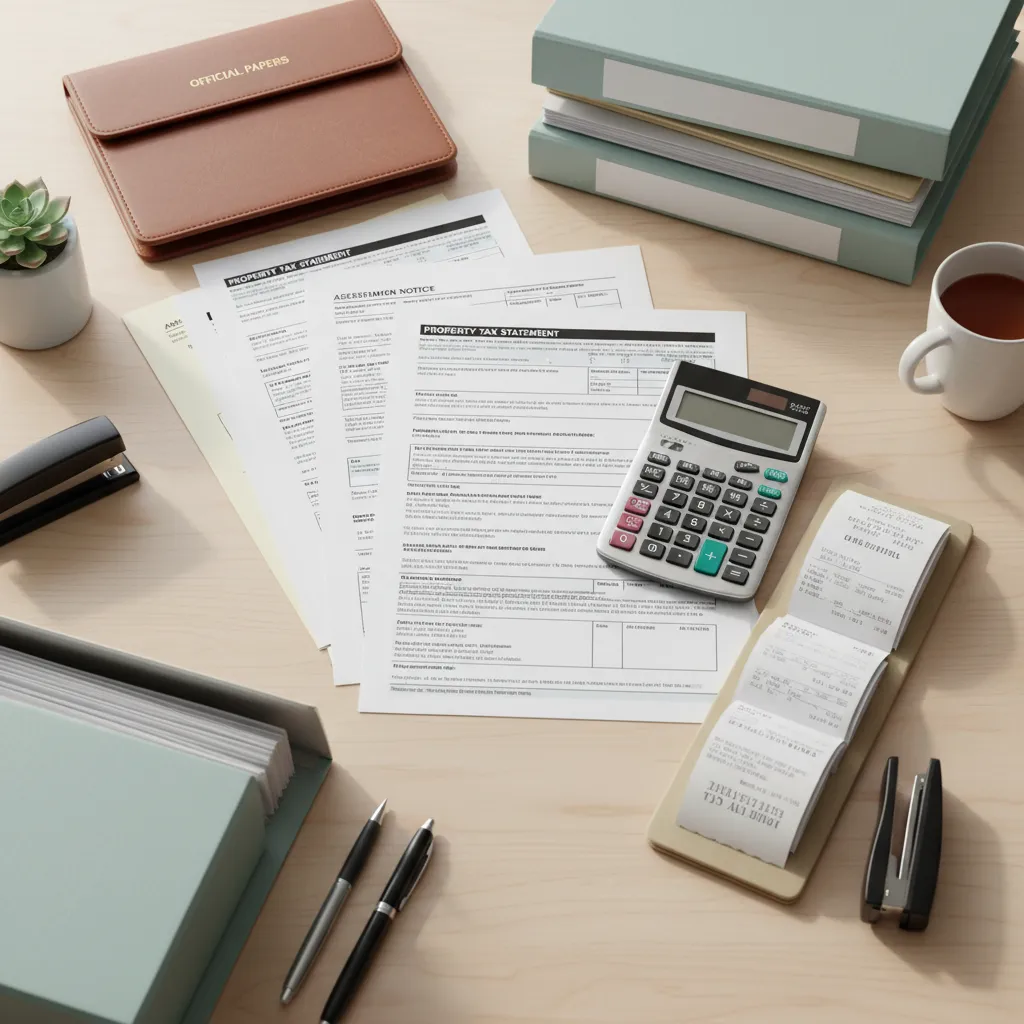 Property documents and tax receipts being reviewed on an office desk