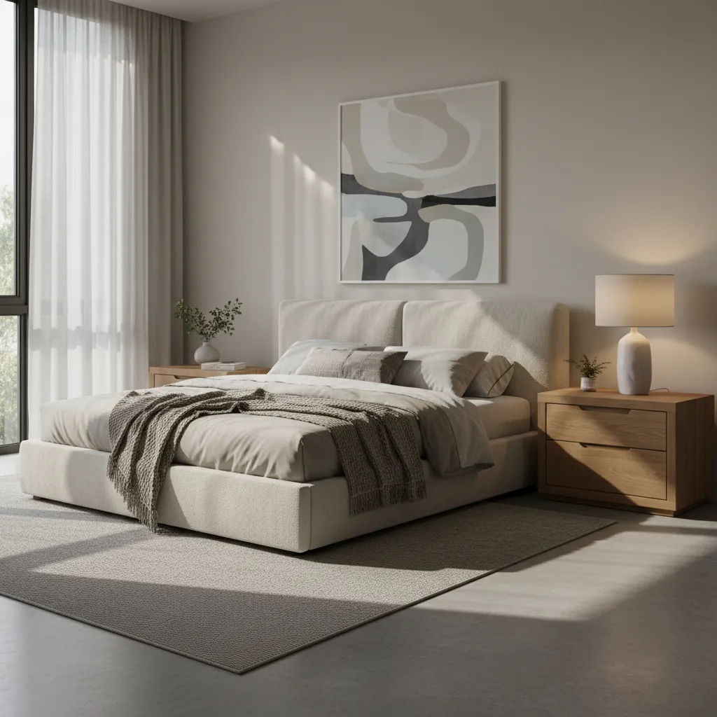 Mesa de luz bien proporcionada junto a una cama moderna