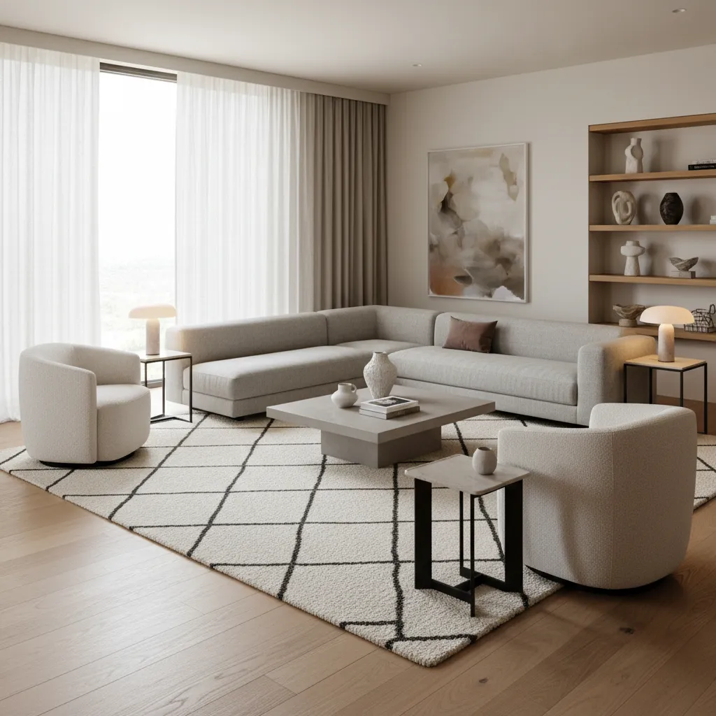 Sala de estar con alfombra grande y muebles bien proporcionados