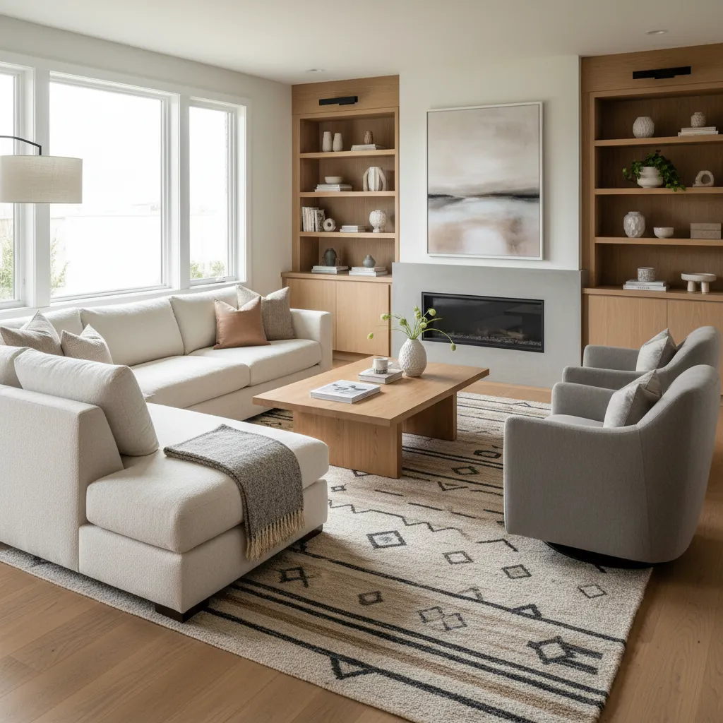 Salón con proporción correcta entre sofá, mesa de centro y alfombra