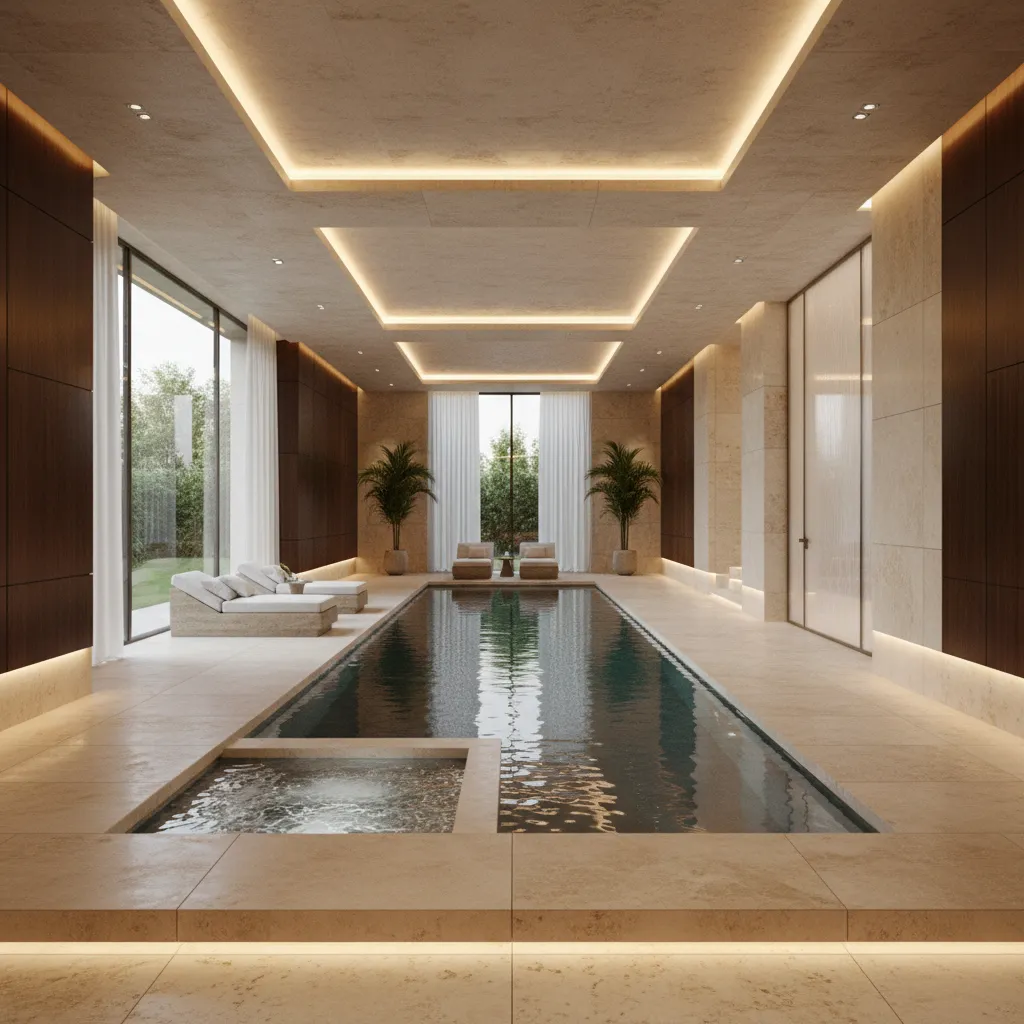 Piscina interior larga con espacio de circulación alrededor