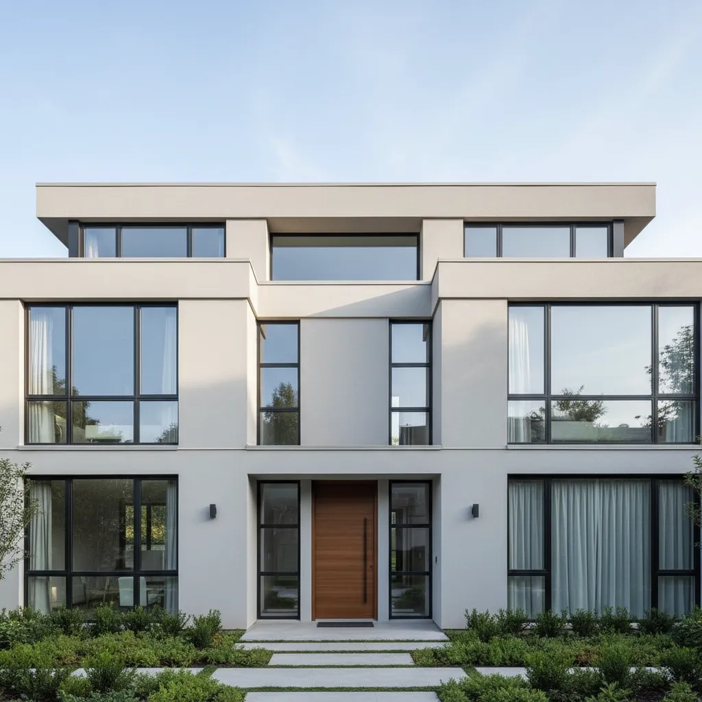 Fachada residencial con grandes ventanales alineados