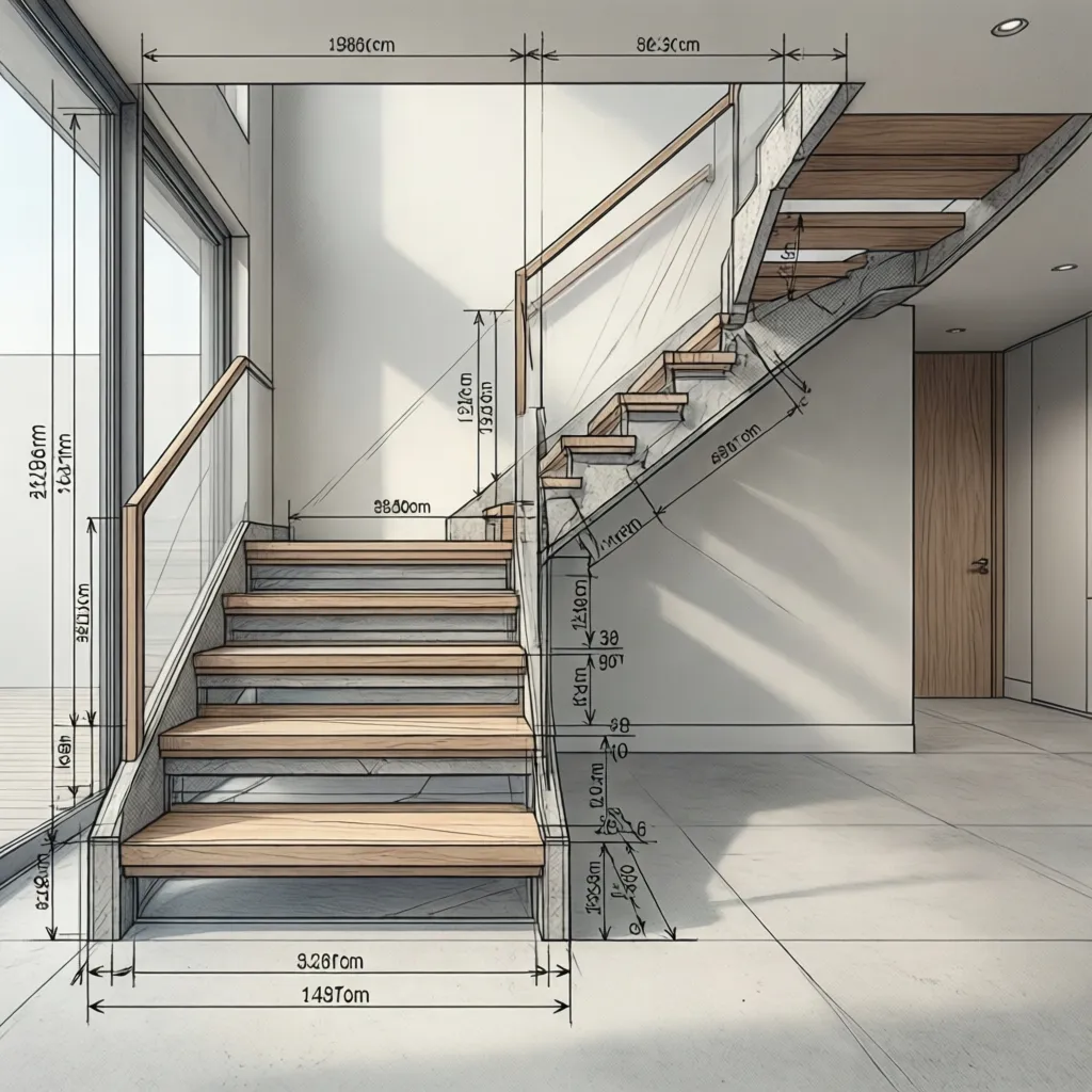 Diagrama arquitectónico mostrando proporciones de peldaños en una escalera residencial