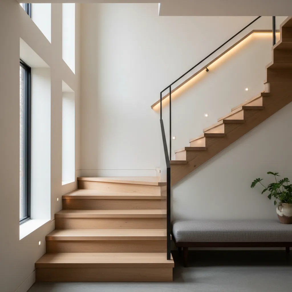 Escalera interior mostrando proporciones cómodas de peldaños en una vivienda