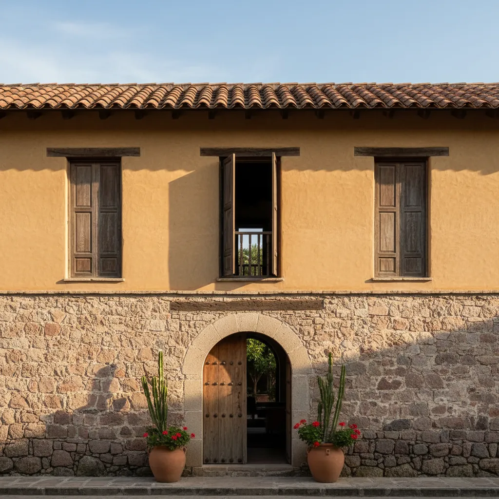 Fachada rústica con ventanas verticales y zócalo de piedra