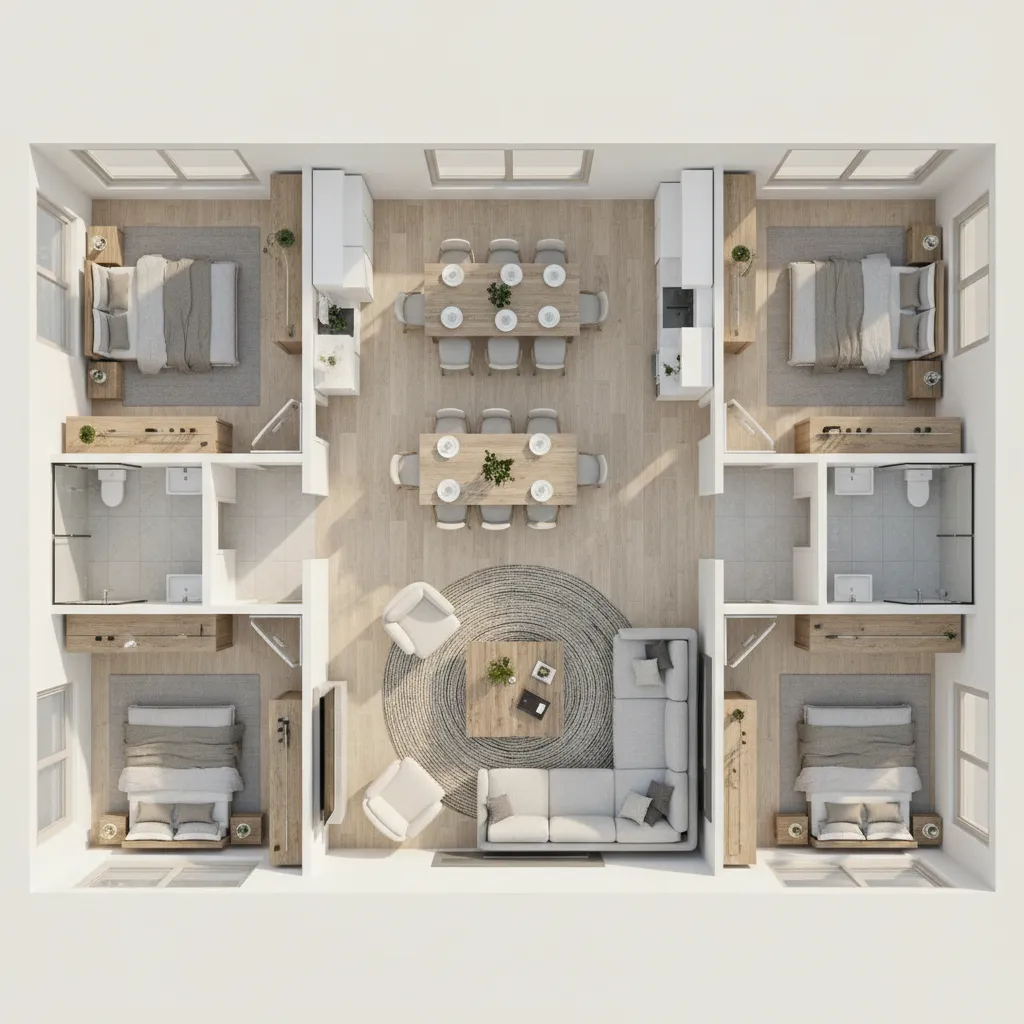 Plano de vivienda con diferentes tamaños de habitaciones bien equilibrados