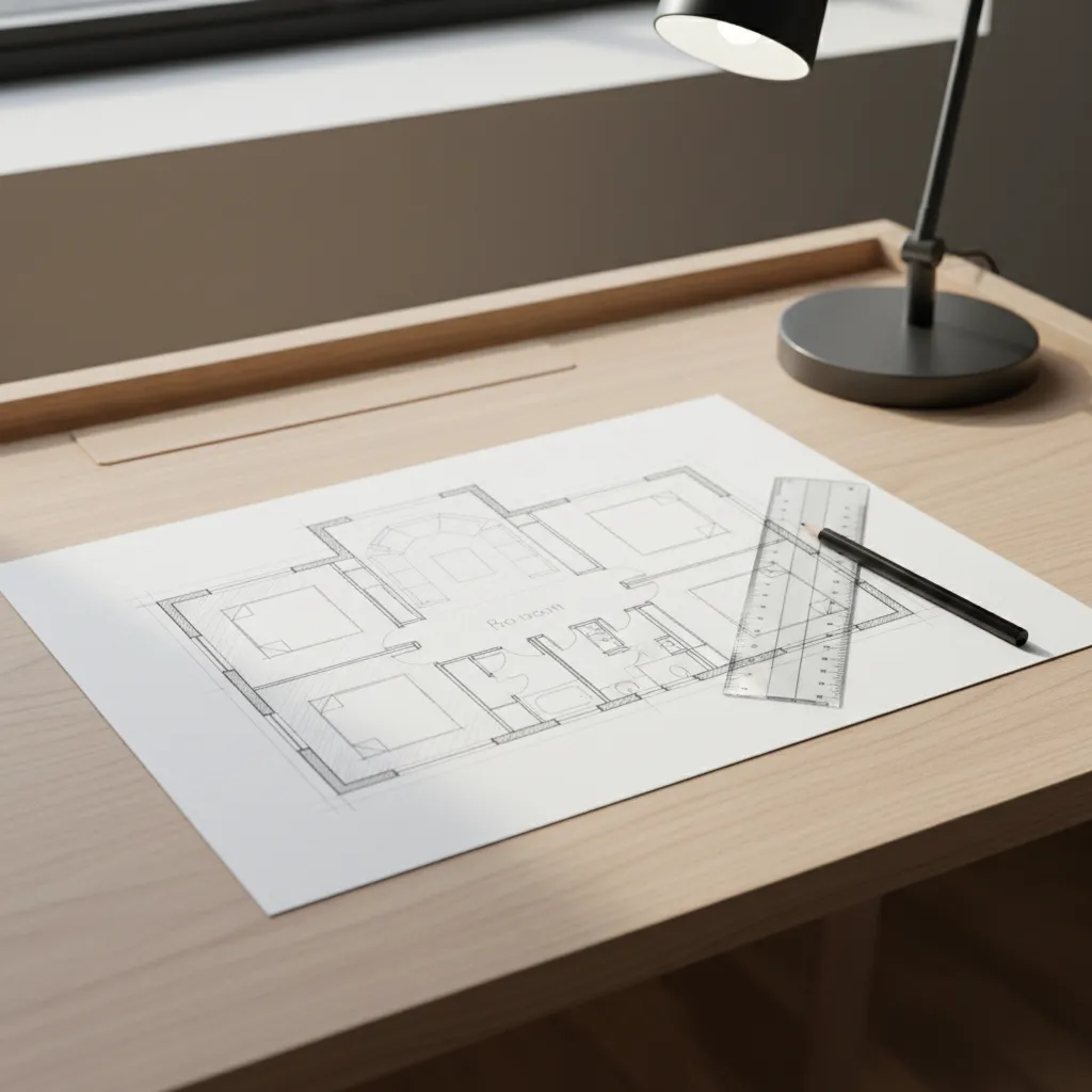 Floor plan drawing on paper with ruler and pencil under a desk lamp on wooden table