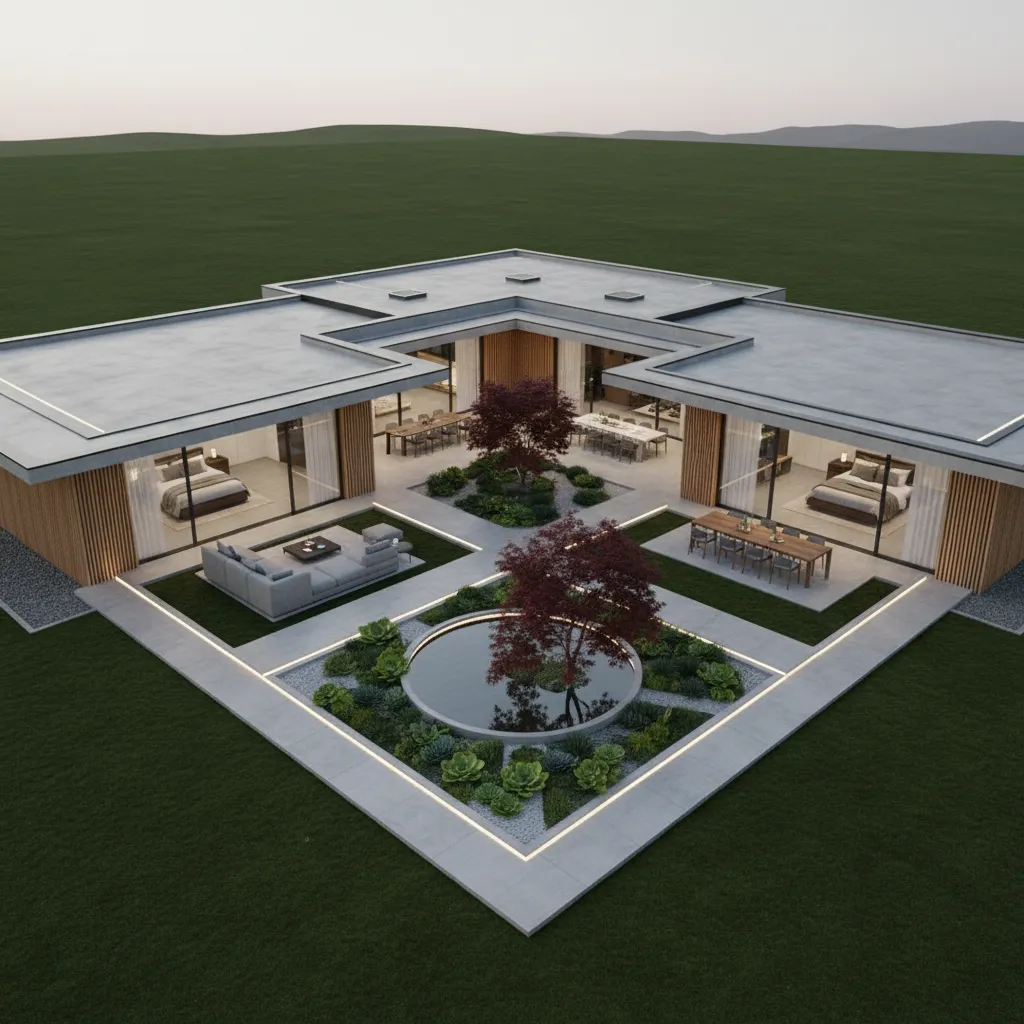 Vista superior de casa con patio central y proporciones equilibradas
