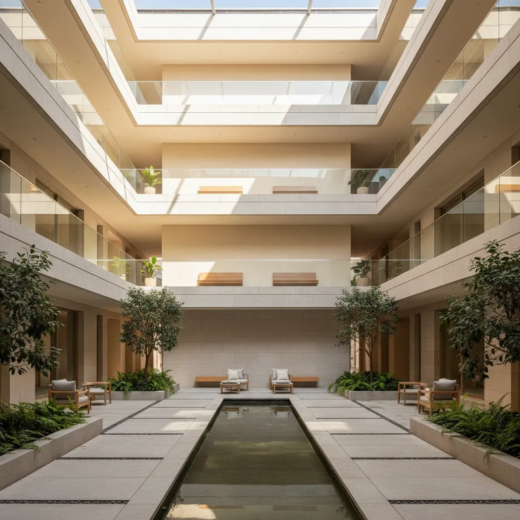 Large stone courtyard with central water feature surrounded by multi-story glass balconies and outdoor seating