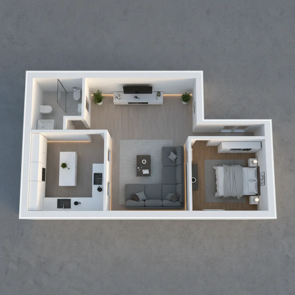 3D interior design drawing of a modern apartment with bedroom, living room, and open kitchen.