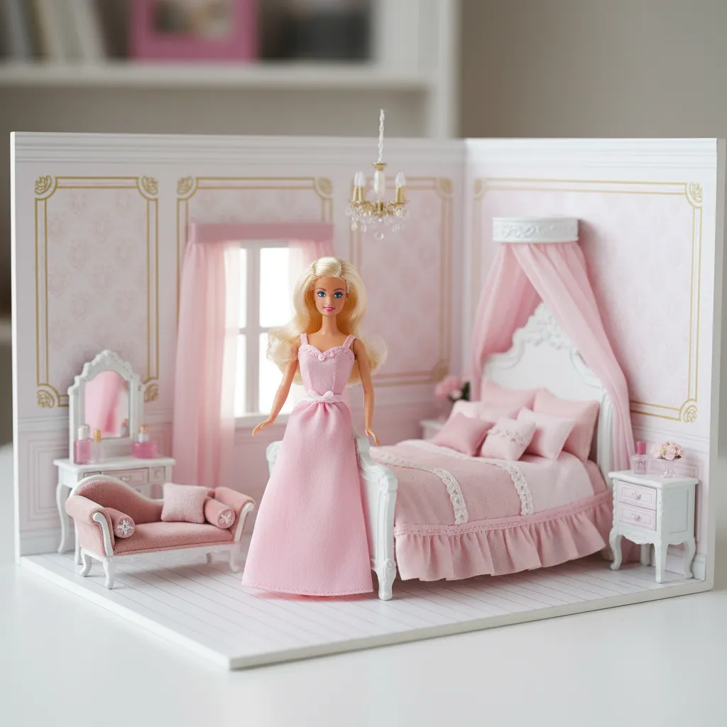 Perbandingan furnitur mini dengan ukuran boneka Barbie dalam rumah boneka