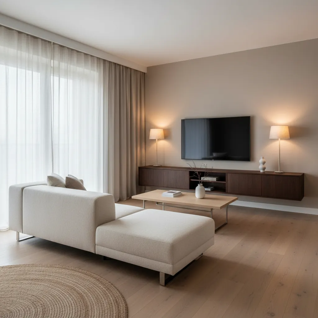 Sala moderna con muebles proporcionados en un espacio compacto