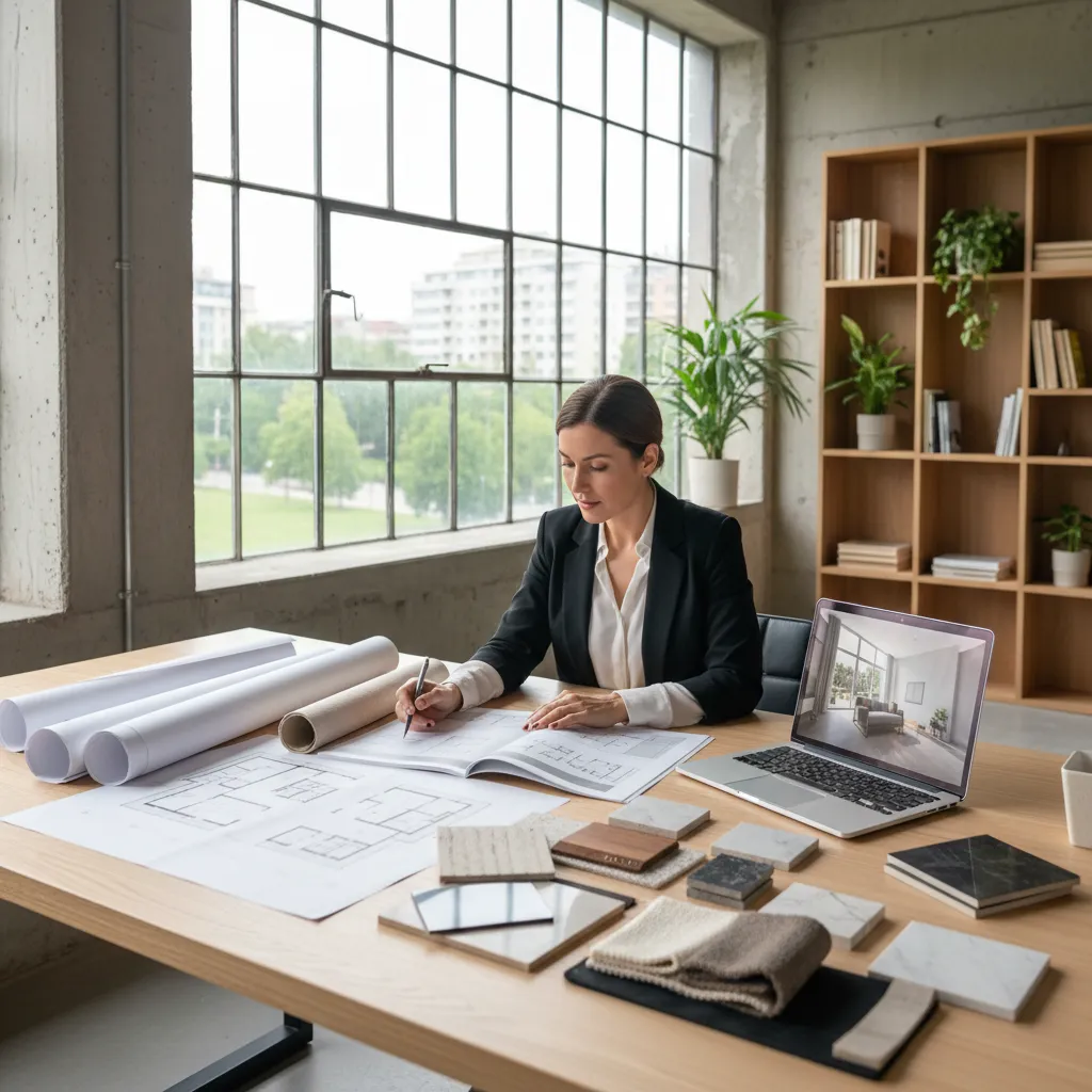 Interior designer working on floor plans with material samples and laptop in a bright office