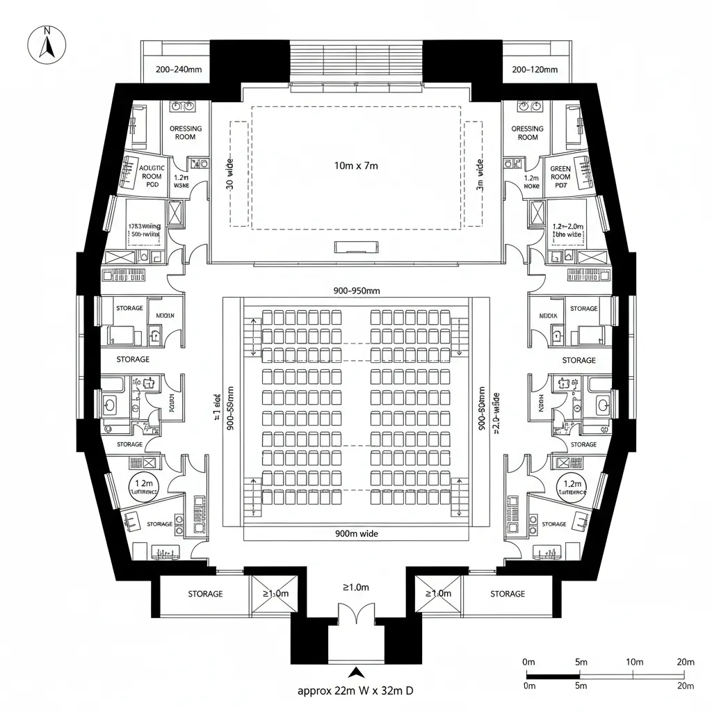 Top-down CAD plan of a tiered proscenium auditorium with dual aisles and backstage loop