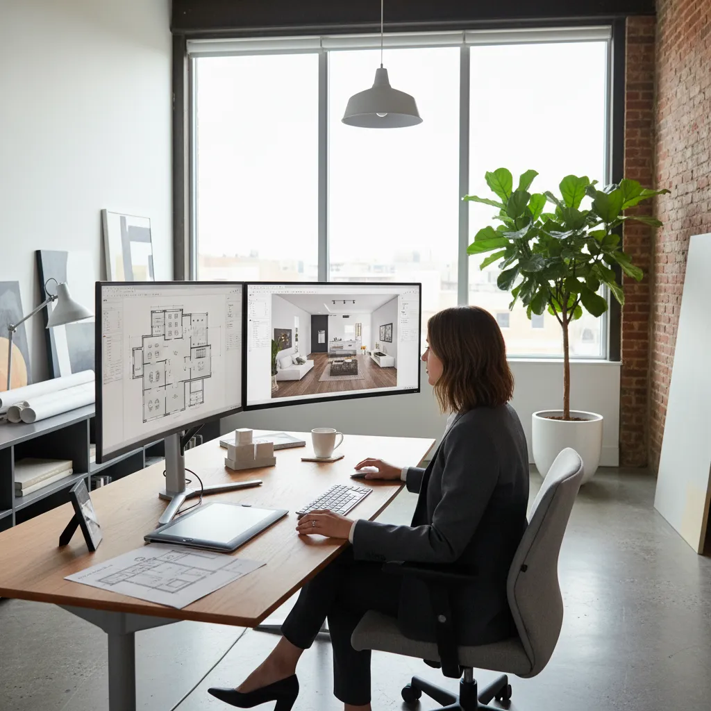 Woman sitting at desk using two monitors for house floor plan and interior design drawing