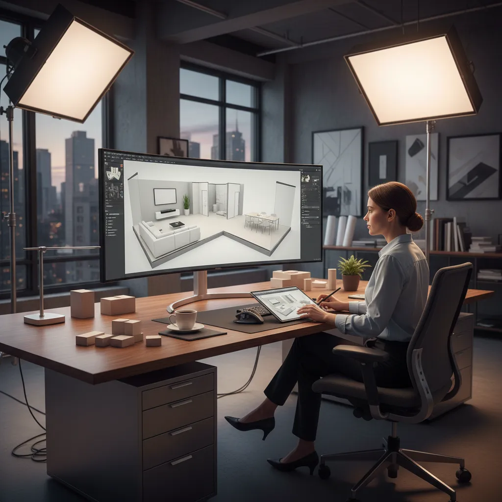 Desainer membuat denah rumah menggunakan software 3D