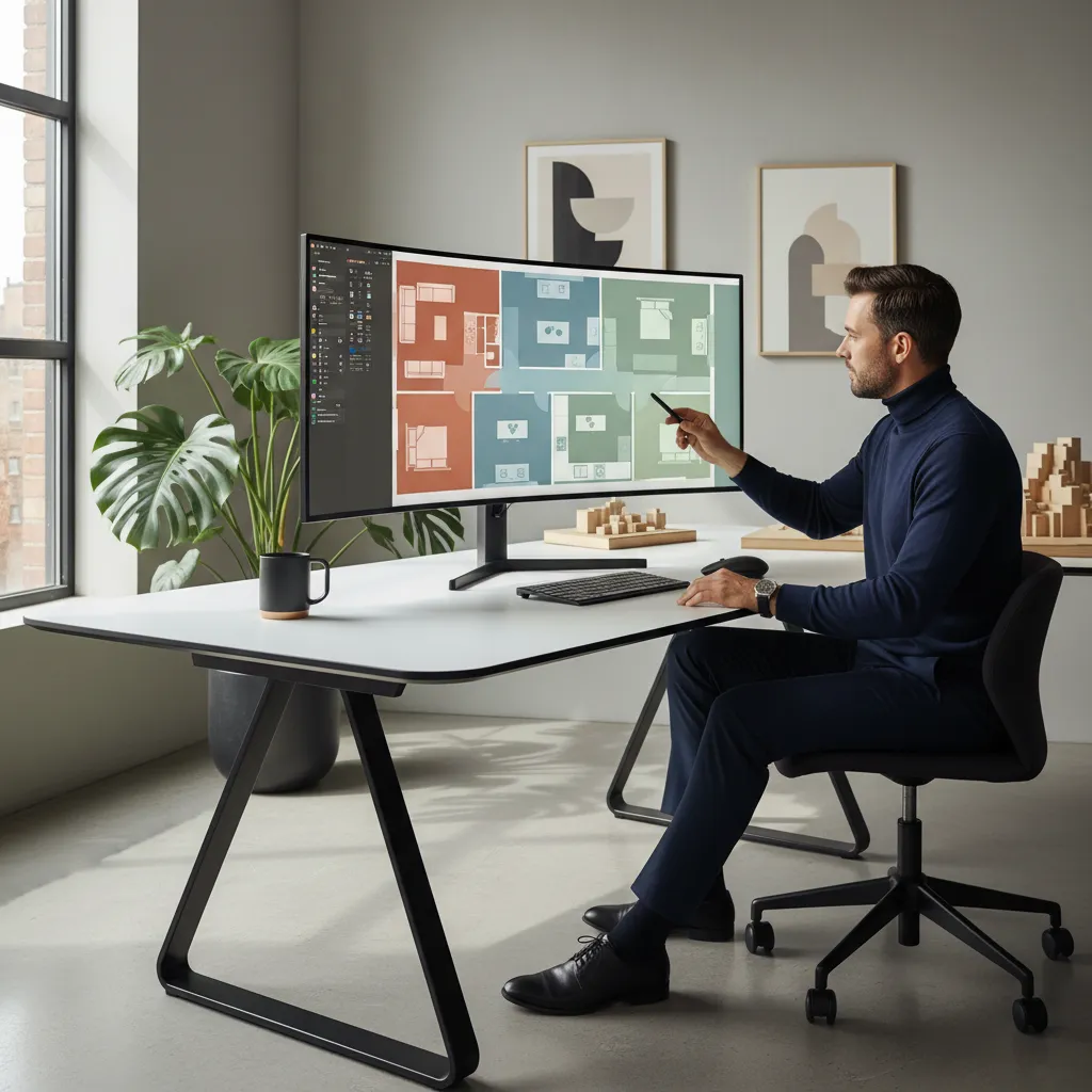 Designer using interior design software on large curved monitor to create a colorful floor plan
