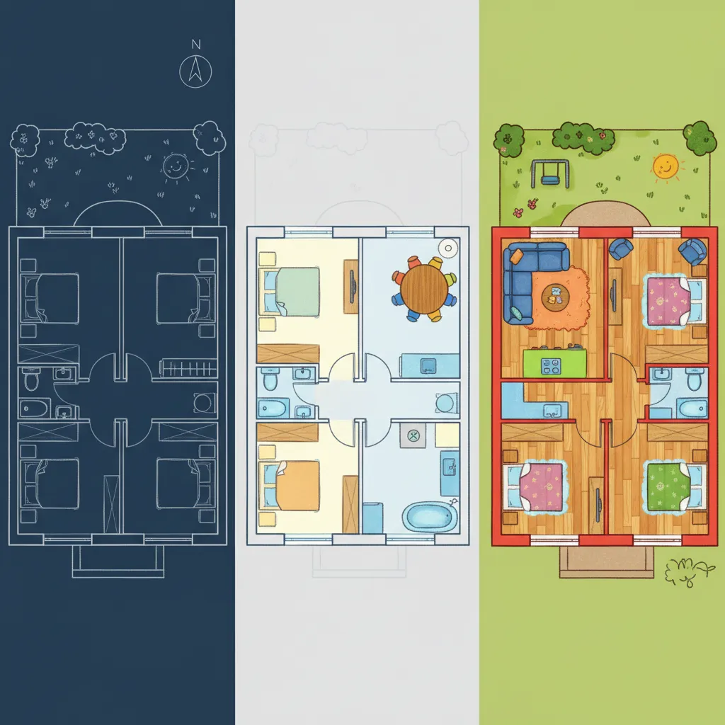 Proses membuat denah rumah dari layout sederhana menjadi ilustrasi