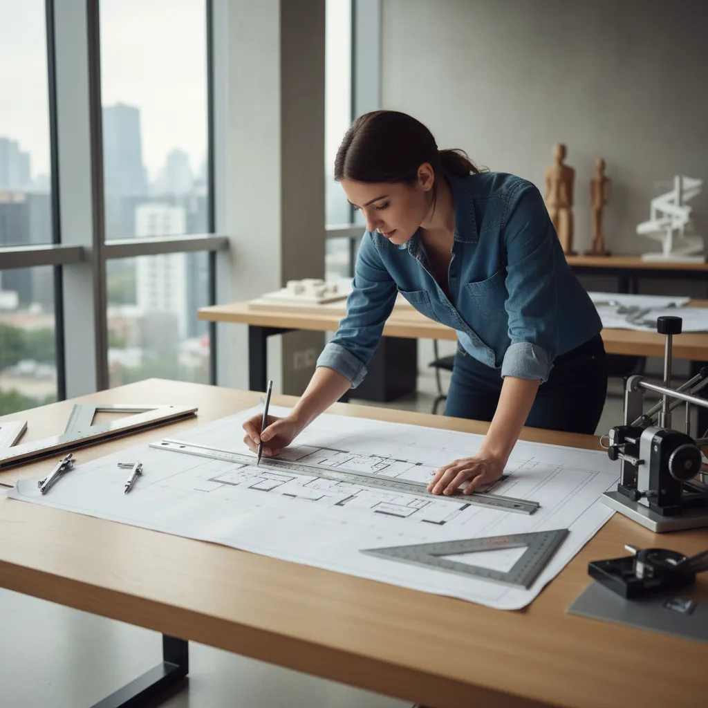 Proses membuat denah rumah di meja kerja desain