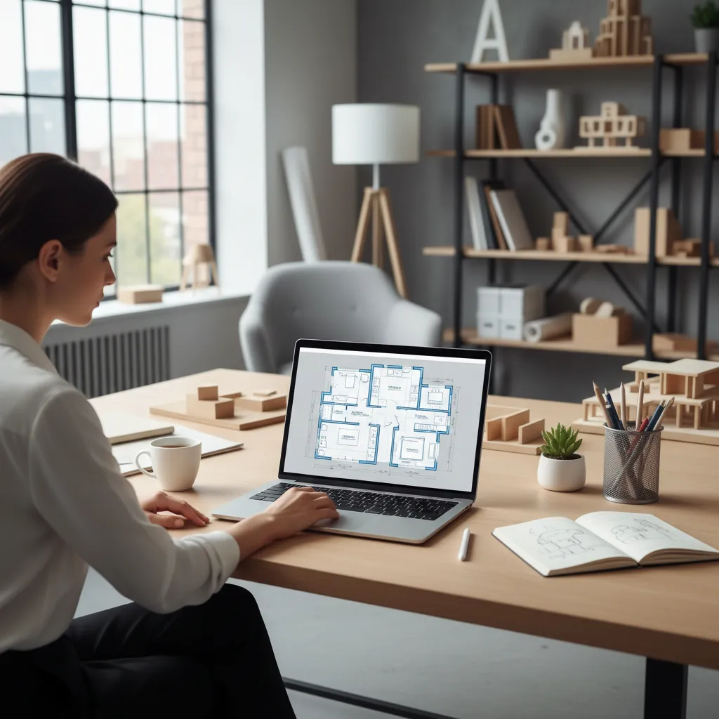 Designer using a laptop showing a blue house room layout on a wooden office desk