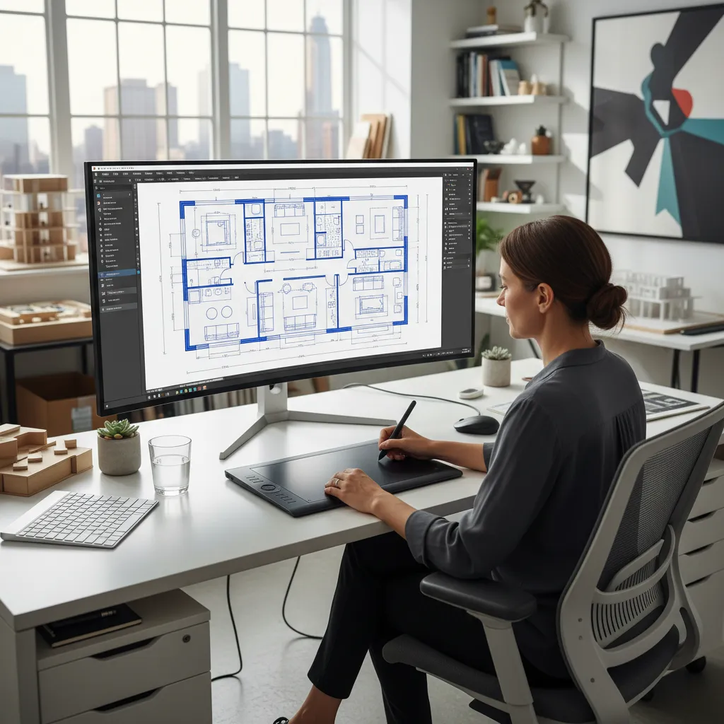 Professional designer using a digital tablet to create a detailed interior design drawing on monitor