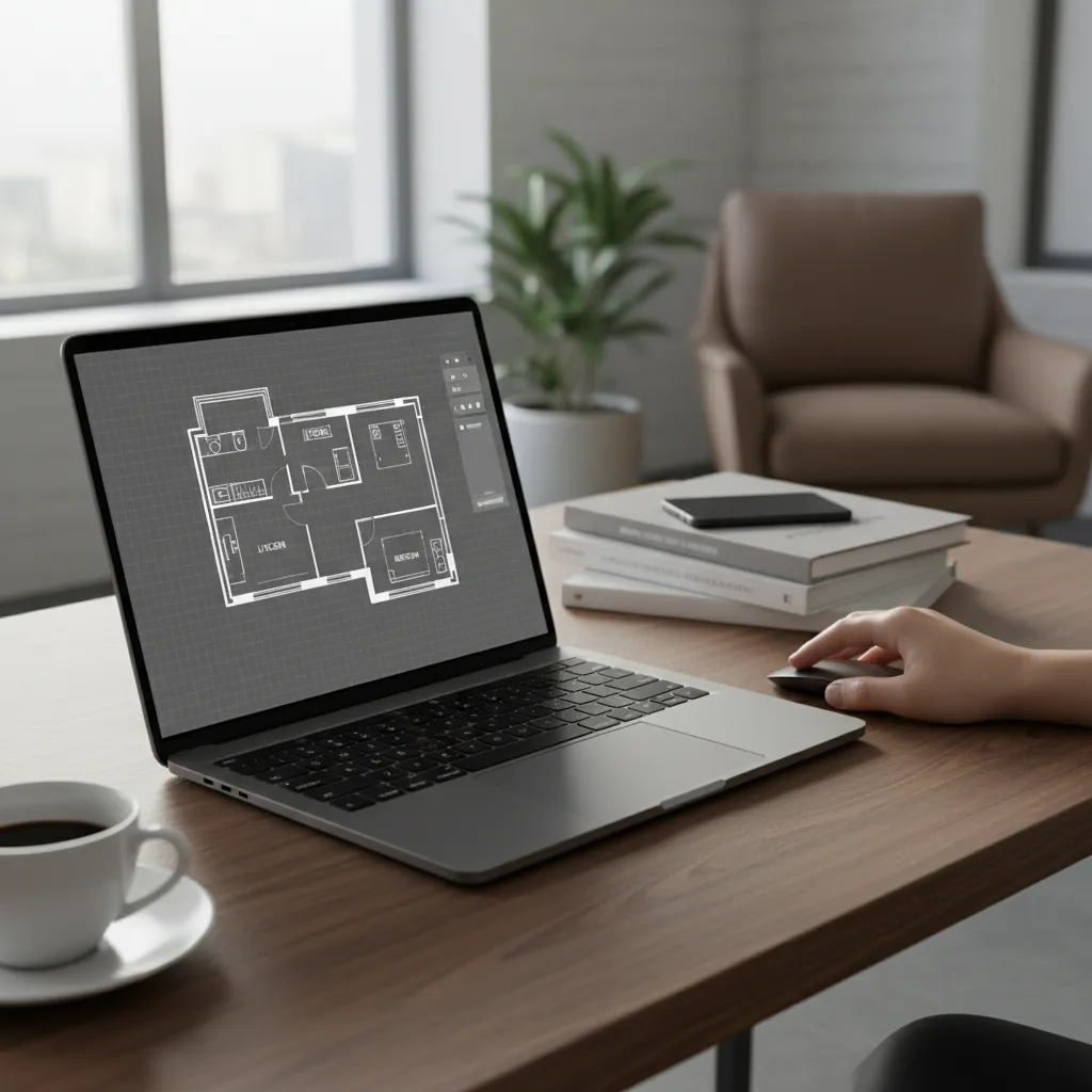 Hand using computer mouse to design house floor plan on laptop screen inside a room