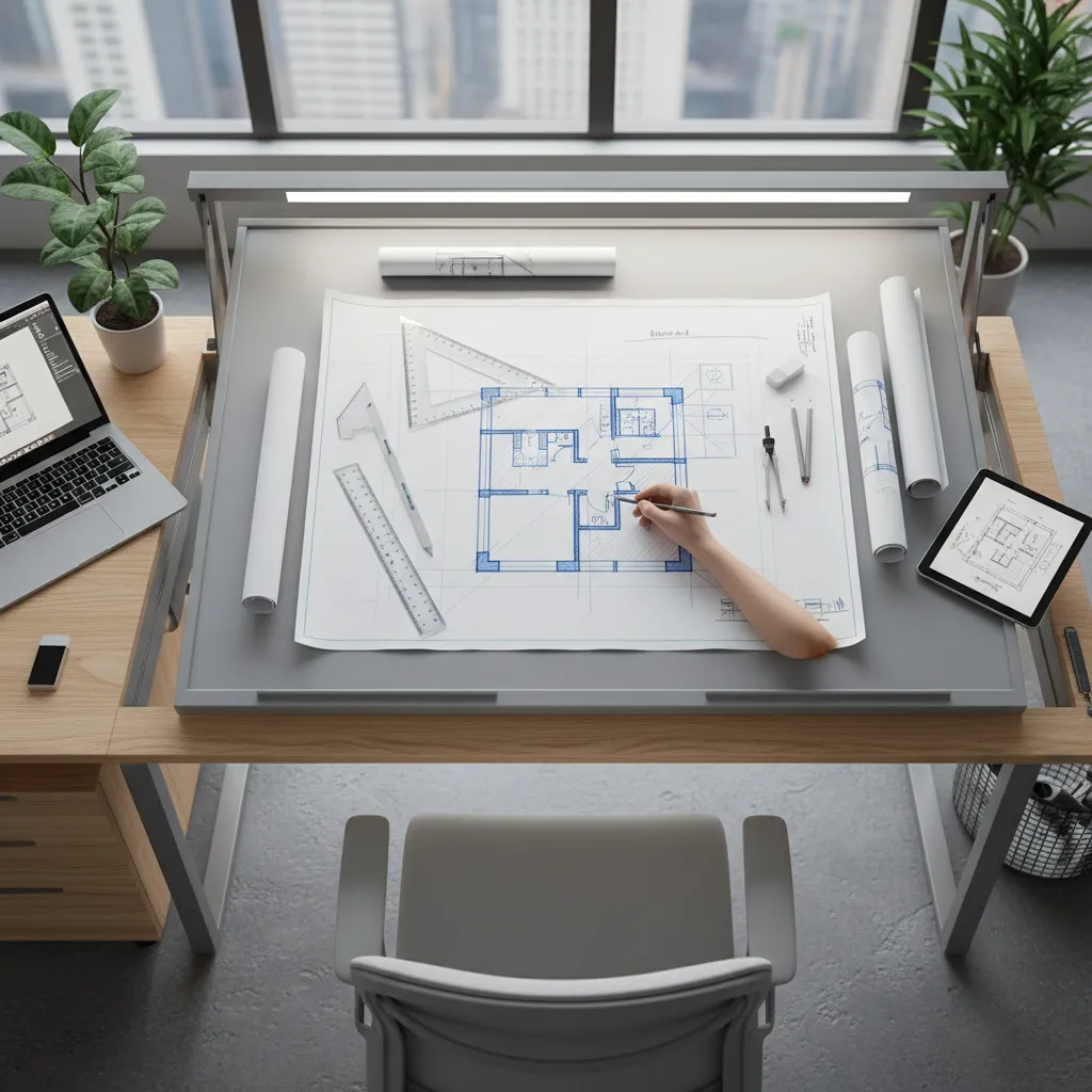 Proses merancang denah rumah di meja kerja desainer