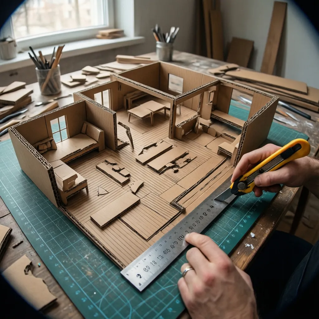 Proses memotong kardus untuk membuat dinding denah rumah
