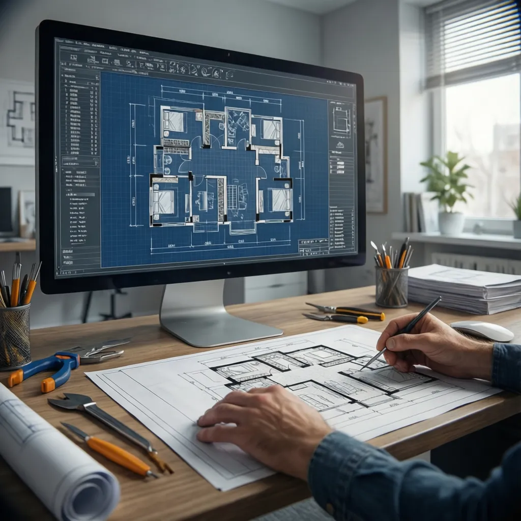 Person drawing a floor plan by hand while looking at a digital design on computer screen