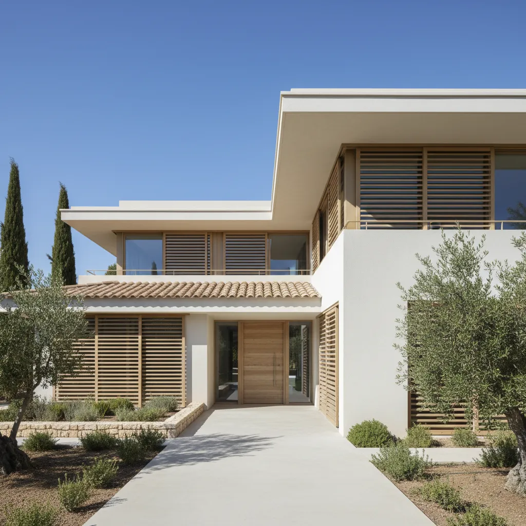 Fachada de casa moderna con lamas y protección solar exterior