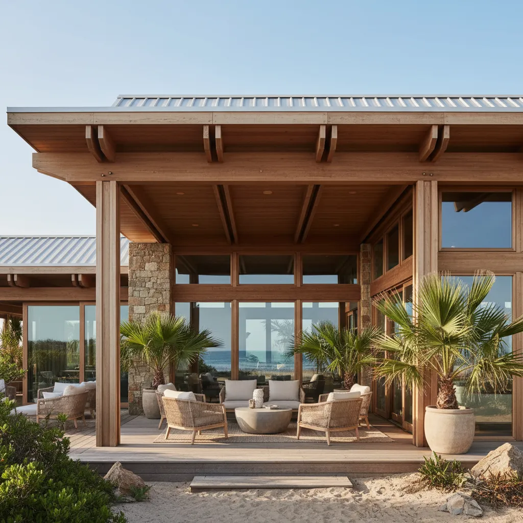 Casa frente al mar con pérgola y voladizos para protección solar