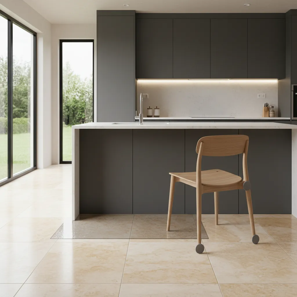 Kitchen entry mat and felt chair pads protecting travertine floor from scratches