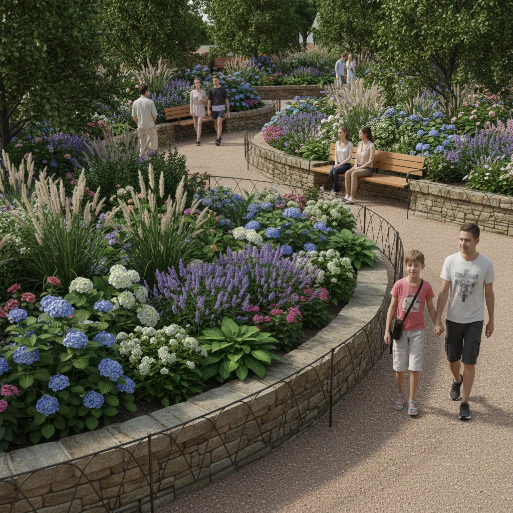 Raised flower beds and dense shrubs protecting plants from pedestrian traffic in theme park