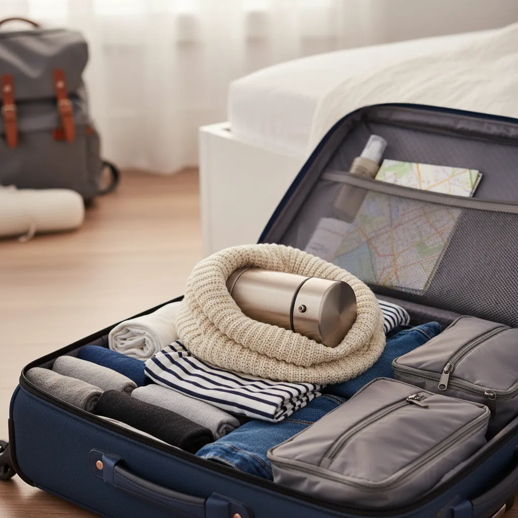 Kitchen appliance wrapped in clothing inside suitcase for protection