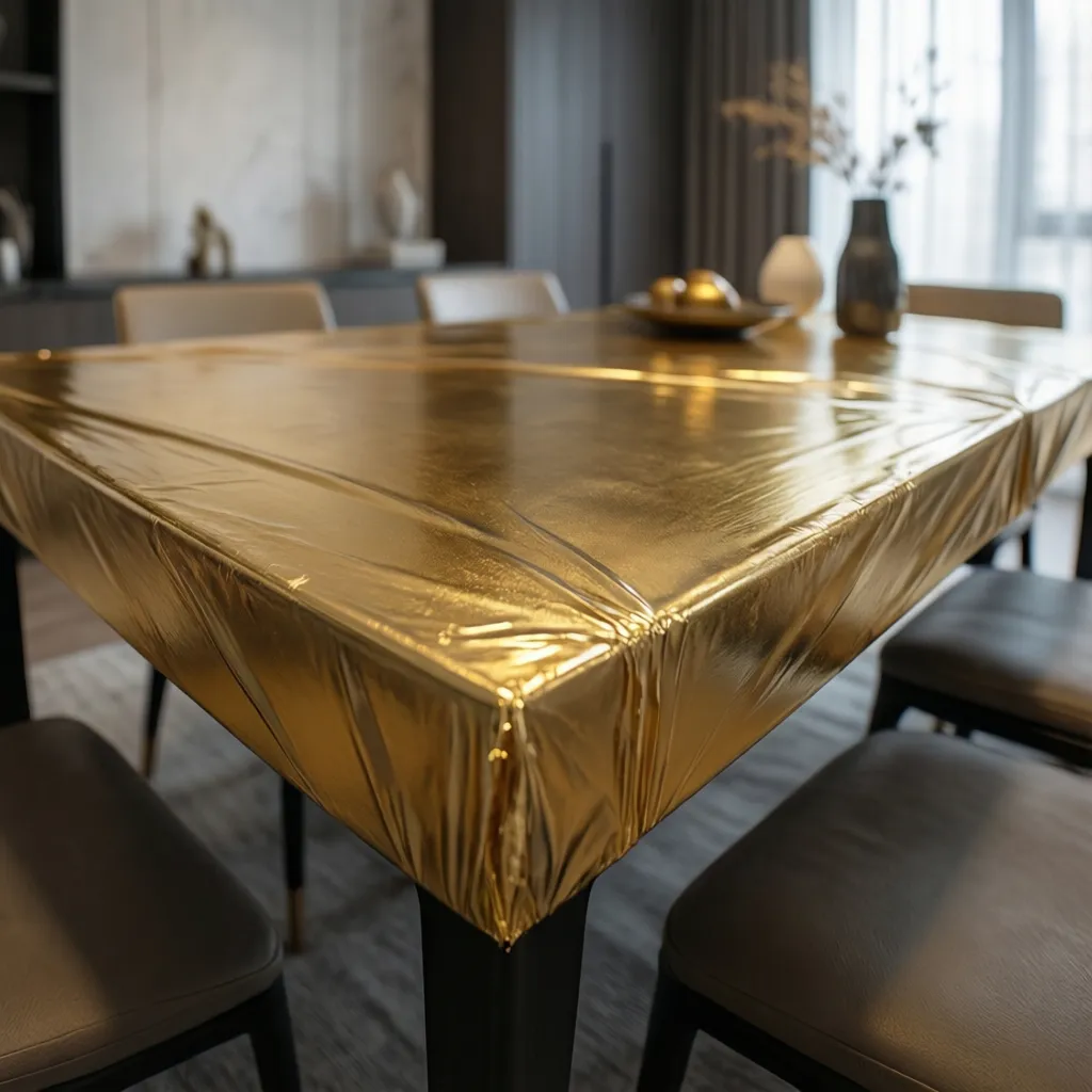Sealed gold painted tabletop with protective coating preventing scratches
