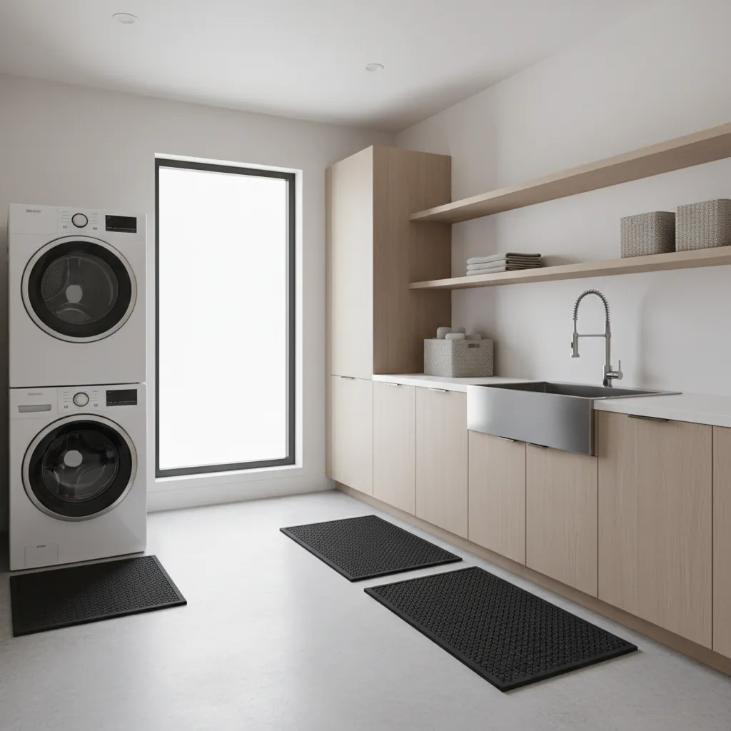 rubber mats protecting painted laundry room floor in front of washer dryer