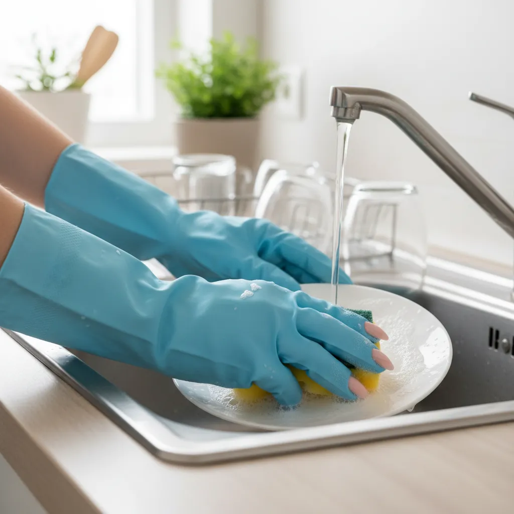 wearing cleaning gloves to protect decorative nail polish manicure
