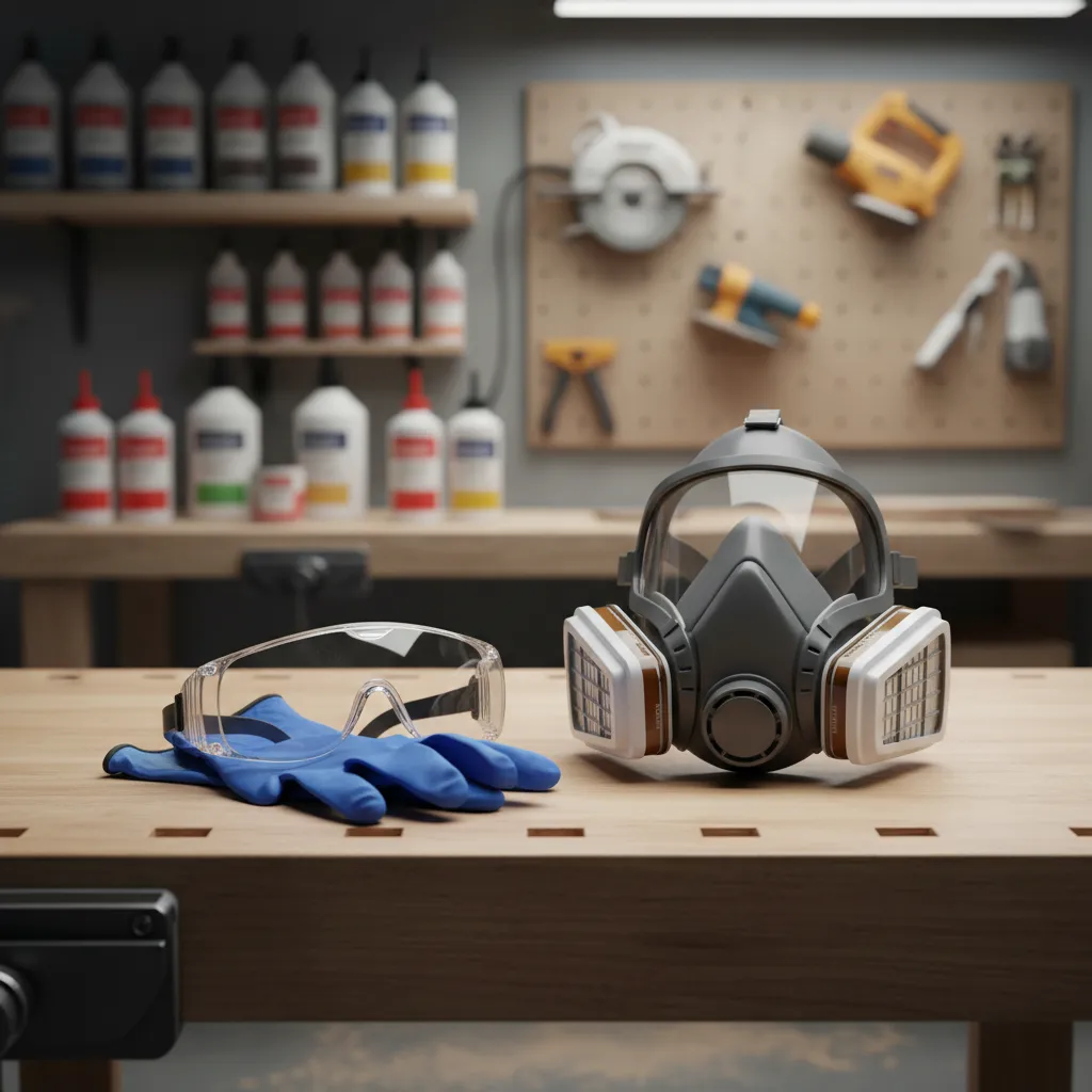 Protective equipment including gloves goggles and respirator for wood bleaching