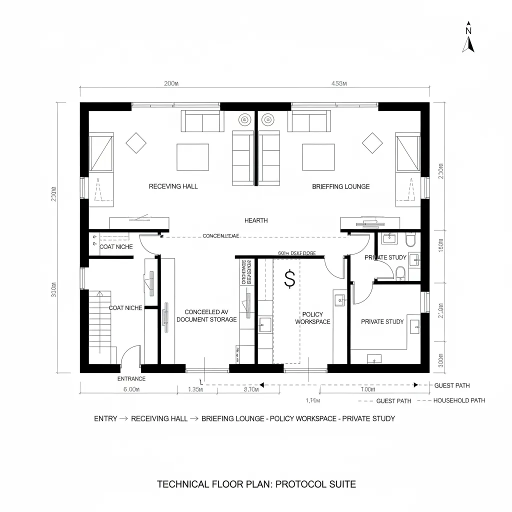 Technical interior design drawing of a protocol suite showing receiving hall lounge and private study rooms