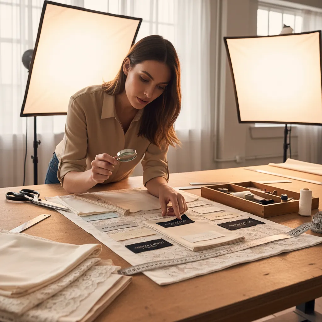 Woman using a magnifying glass to check small fabric labels on a wooden work table