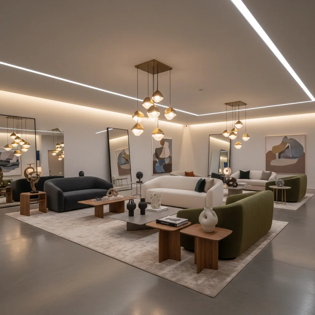 Showroom de mobiliario moderno con sofás, lámparas y decoración